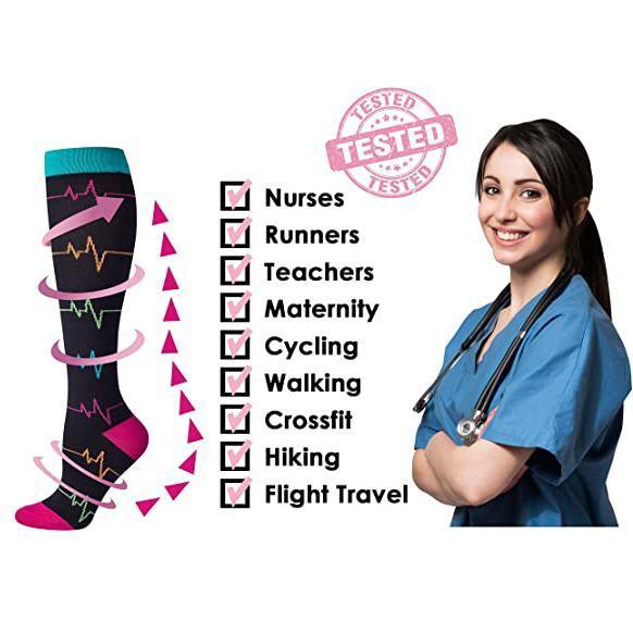 3 Pairs Knee-High Compression Socks Medical Nurse Pattern Sports Stockings