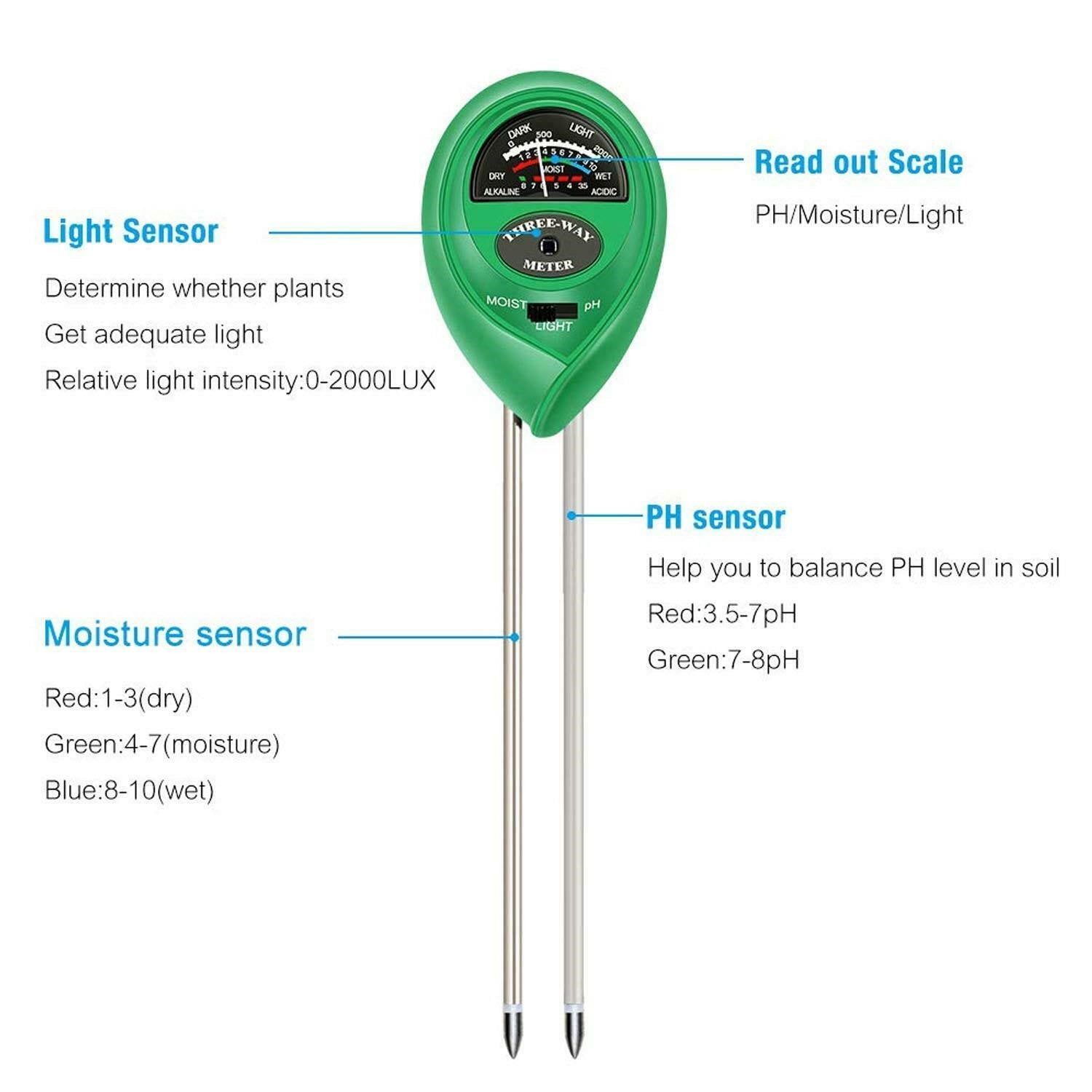 3 in1 Soil PH Tester Water Moisture Light Test Meter Kit