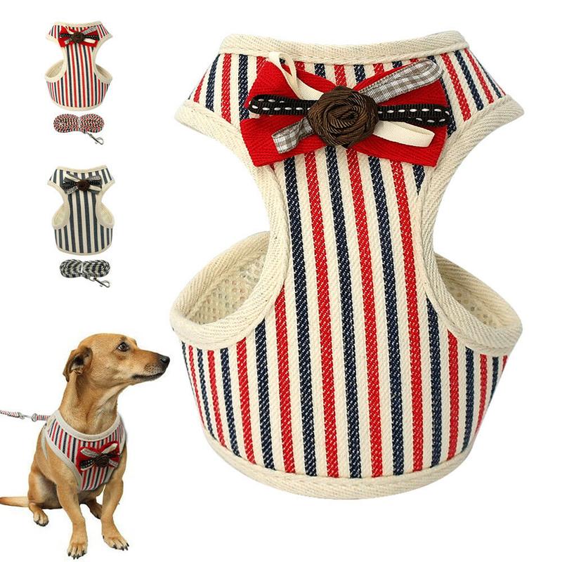 Breathable Soft Dog Cat Striped Bowite Harness and Leash