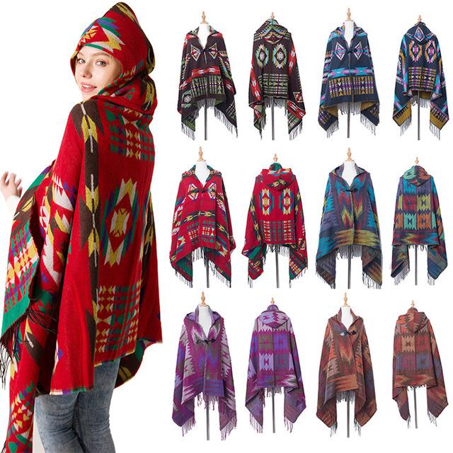 Women's Bohemian Casual Winter Hooded Shawl Plaid Capes Blanket
