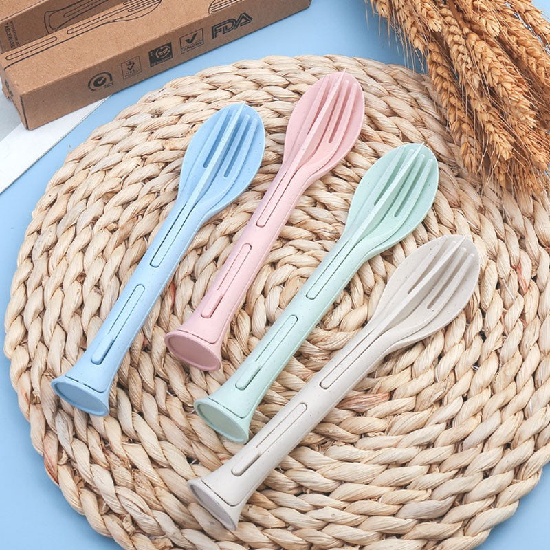 Wheat Straw Cutlery Reusable Utensils 3 in 1 Spoon Fork Knife Tableware