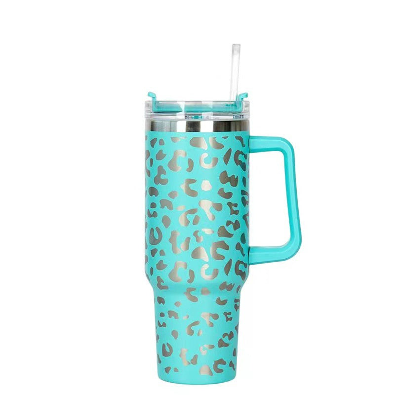 40oz Stainless Steel Mug Water Bottle Insulated Leopard Tumbler With Lid and Straws