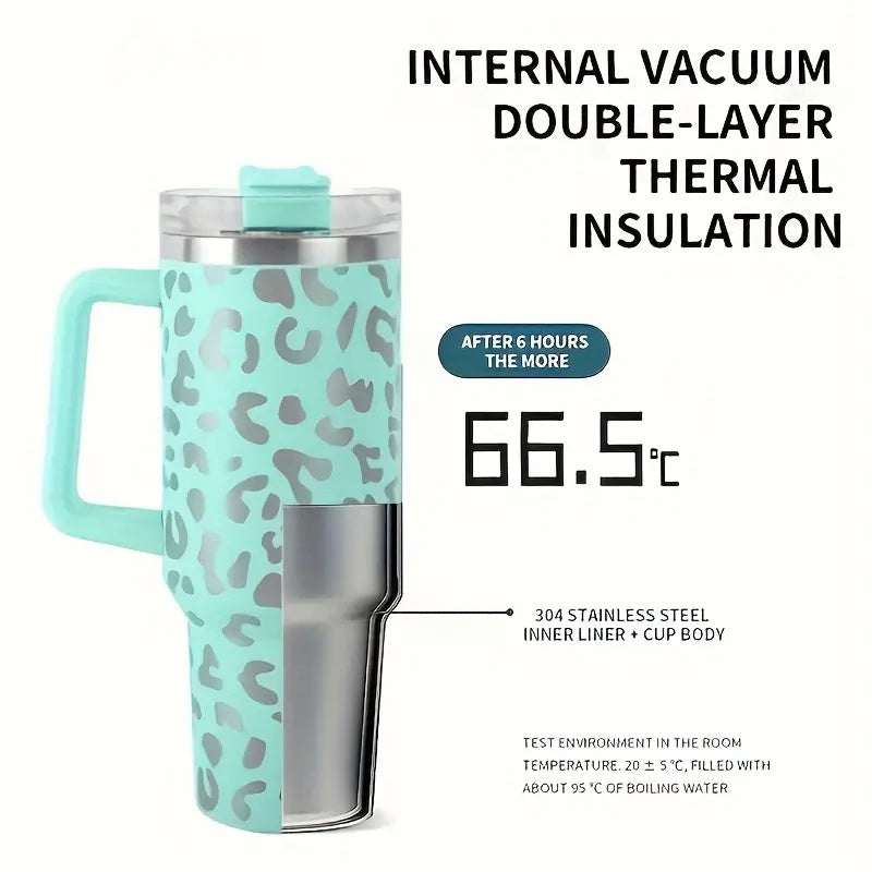 40oz Stainless Steel Mug Water Bottle Insulated Leopard Tumbler With Lid and Straws