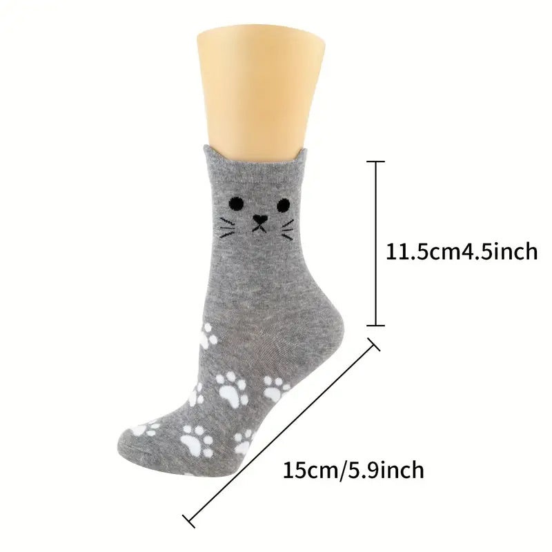 5 Pairs of Women's Cute Cat Paw Print Mid-Calf Socks Spring/Summer Cartoon 3D Ears Cotton Casual Versatile Socks