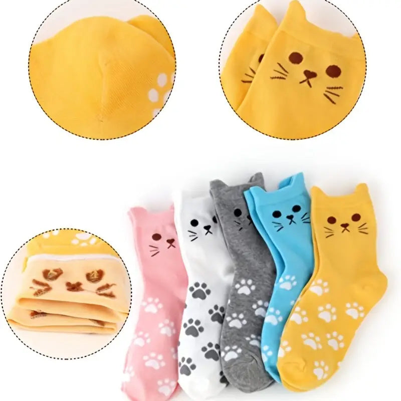 5 Pairs of Women's Cute Cat Paw Print Mid-Calf Socks Spring/Summer Cartoon 3D Ears Cotton Casual Versatile Socks