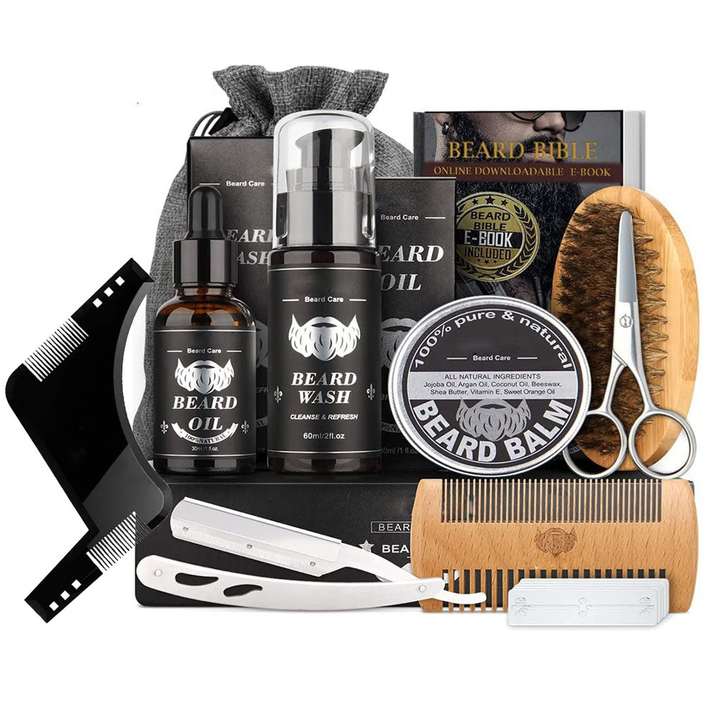 10PCs/Set Beard Grooming Trimming Set Shampoo Wash Beard Care Oil Balm Brush Comb Scissors Bag Gifts for Him Dad Boyfriend