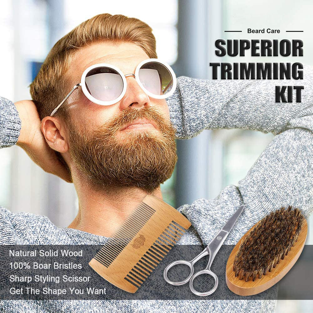 10PCs/Set Beard Grooming Trimming Set Shampoo Wash Beard Care Oil Balm Brush Comb Scissors Bag Gifts for Him Dad Boyfriend