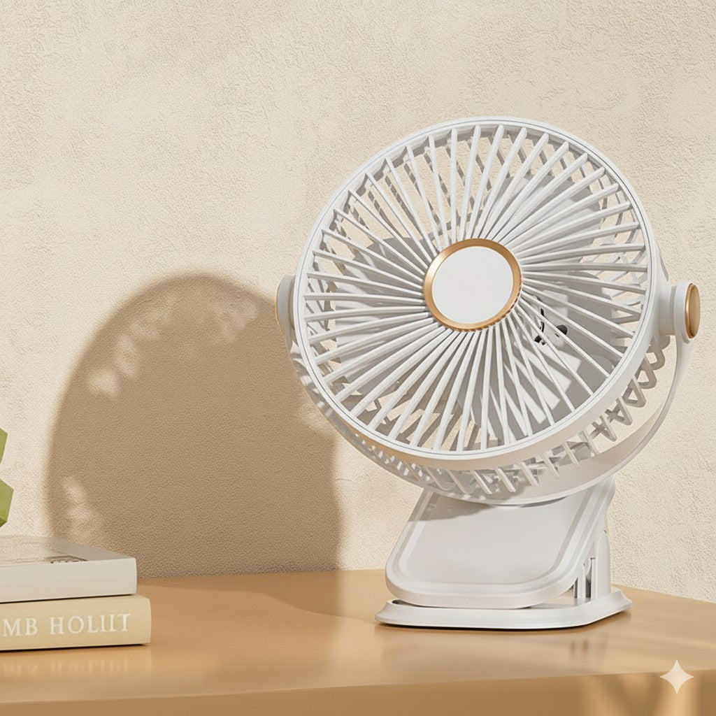 Clip on Portable Fan Rechargeable 720 ° Adjustable with LED Lights