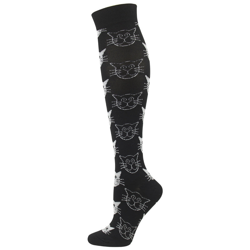 Knee-High Compression Socks Kitten ﻿Pattern Sports Nylon Stockings