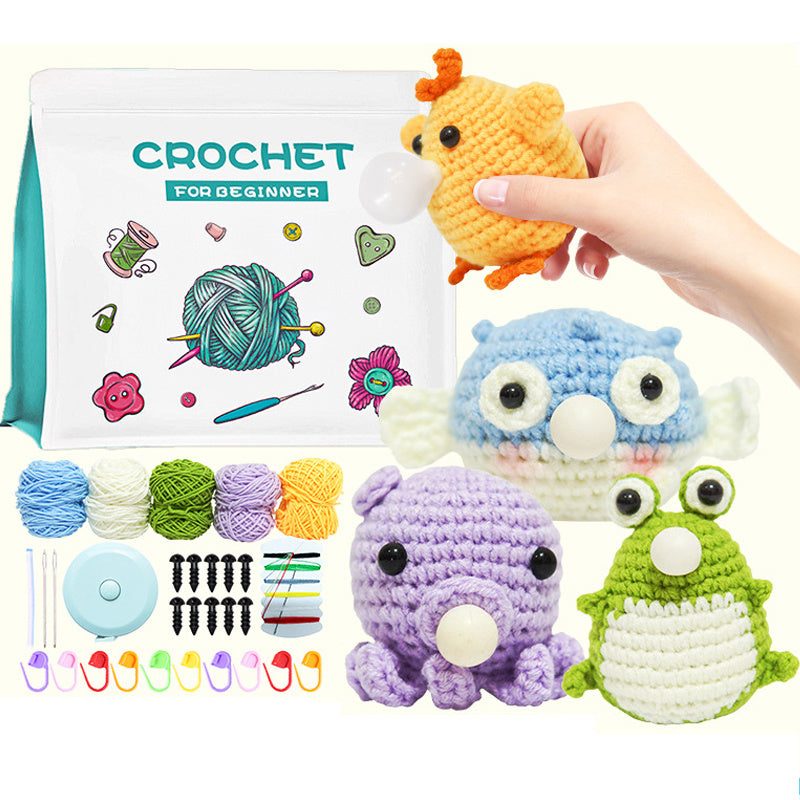 4-Pattern Animal Spit Bubbles Crochet Starter Kit Step-by-Step Stress-Relief Fun