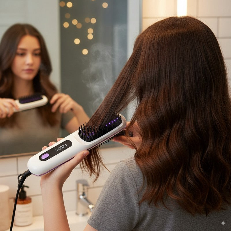 Cordless Three-Setting Hair Straightener Brush Comb with LCD Display