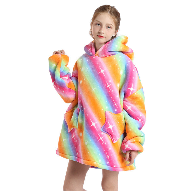 Oversized Wearable Fluffy Warm Flannel Hooded Sweatshirt Blanket Hoodie for Kids