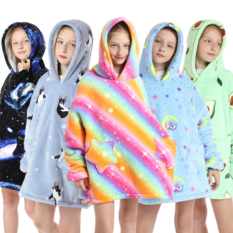 Oversized Wearable Fluffy Warm Flannel Hooded Sweatshirt Blanket Hoodie for Kids