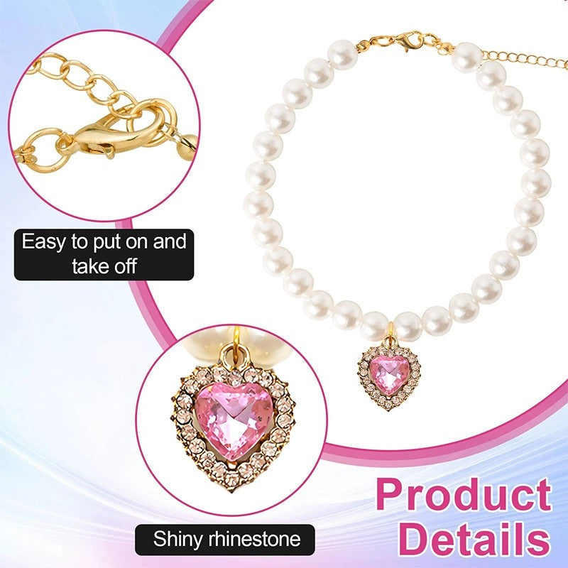 Cat Dog Pearl Necklace Collar Fancy Jewelry Accessories with Heart Shape Rhinestone