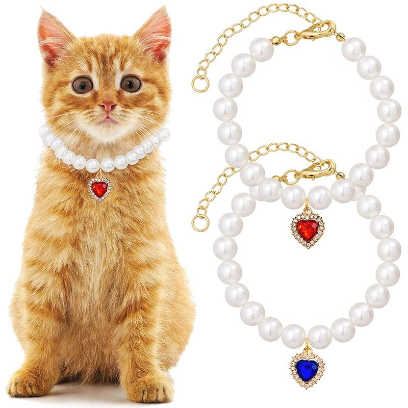 Cat Dog Pearl Necklace Collar Fancy Jewelry Accessories with Heart Shape Rhinestone