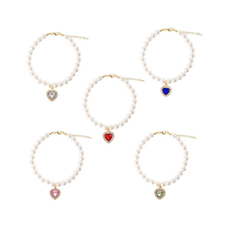 Cat Dog Pearl Necklace Collar Fancy Jewelry Accessories with Heart Shape Rhinestone