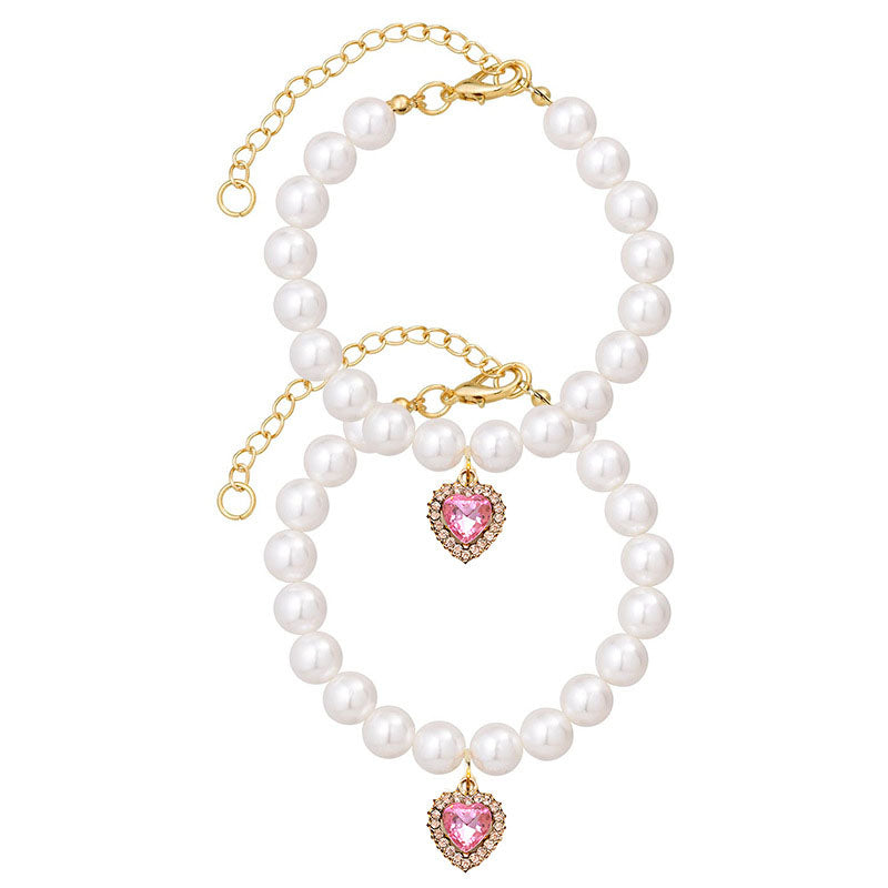 Cat Dog Pearl Necklace Collar Fancy Jewelry Accessories with Heart Shape Rhinestone