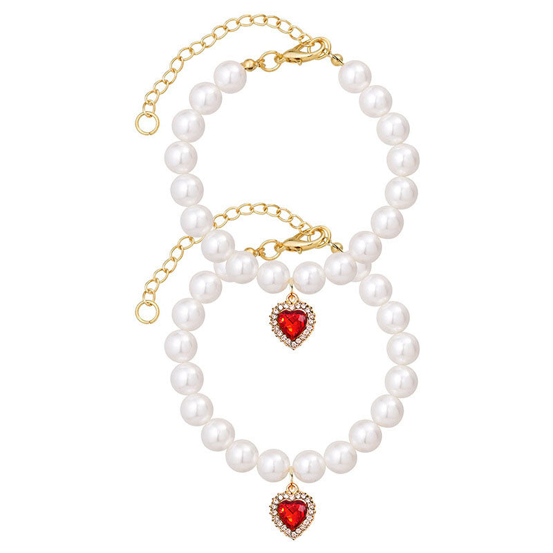 Cat Dog Pearl Necklace Collar Fancy Jewelry Accessories with Heart Shape Rhinestone