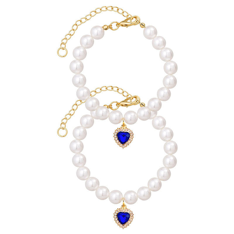 Cat Dog Pearl Necklace Collar Fancy Jewelry Accessories with Heart Shape Rhinestone