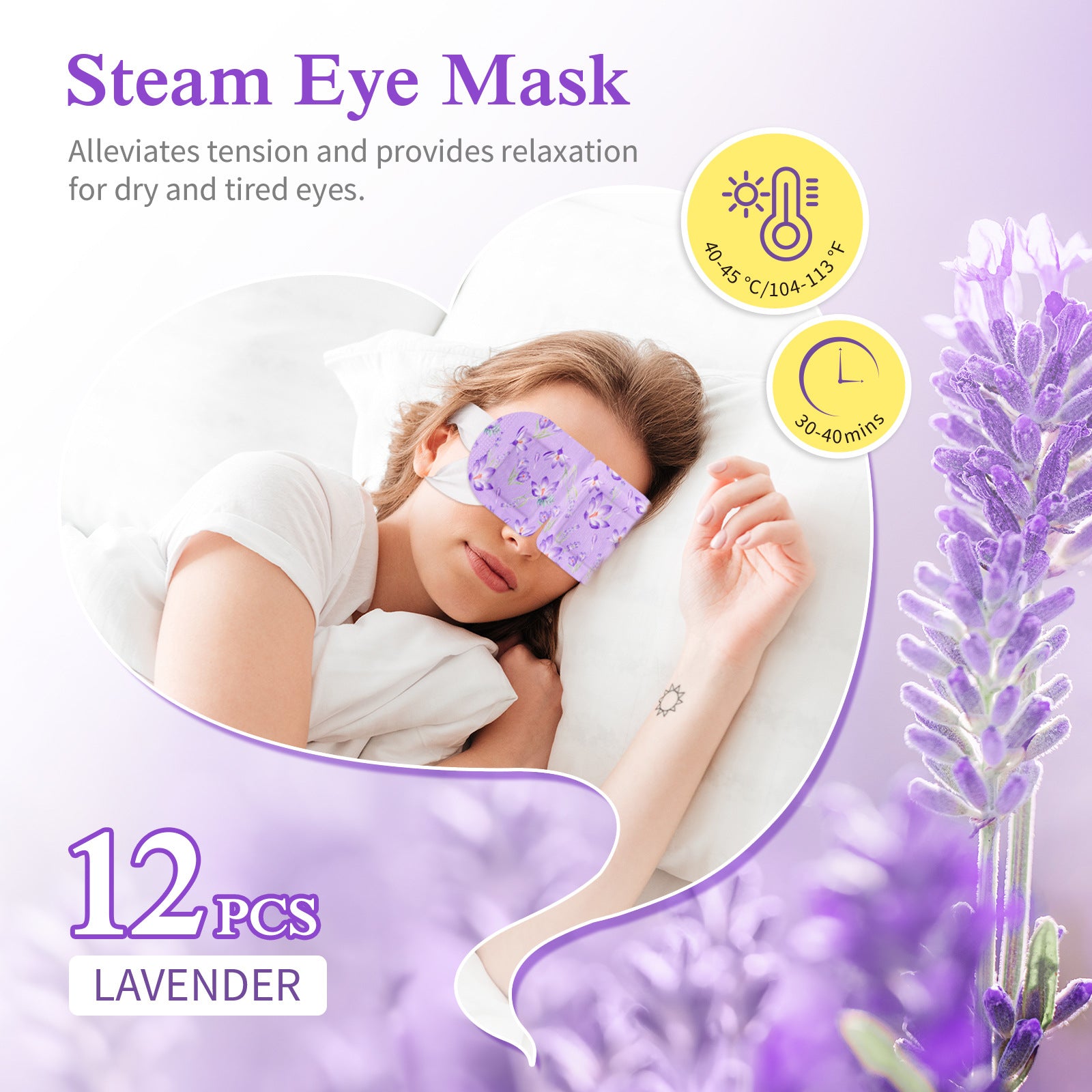 12pcs Steam Eye Masks, Lavender Self-Heating Moist Heated Eye Masks Warm Compress for Relieve Eye Fatigue