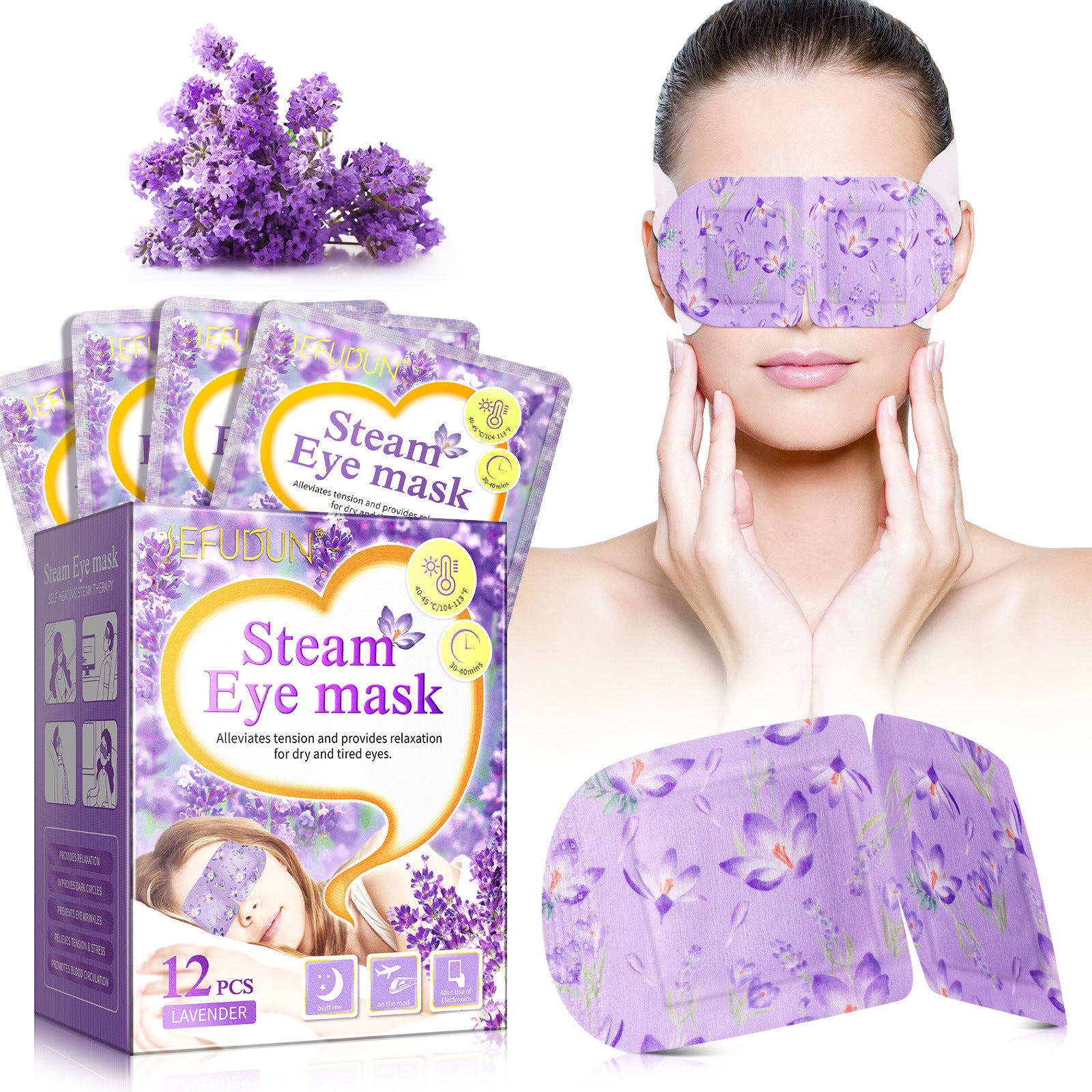 12pcs Steam Eye Masks, Lavender Self-Heating Moist Heated Eye Masks Warm Compress for Relieve Eye Fatigue