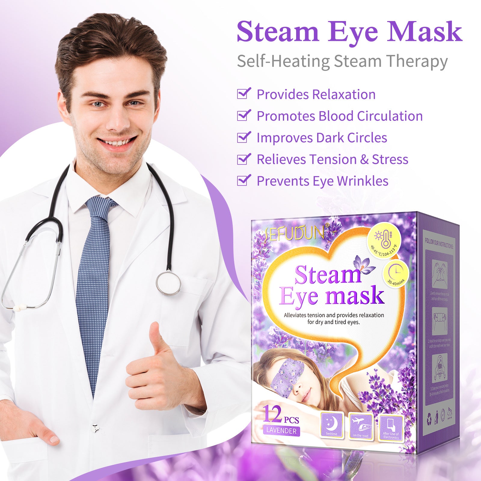 12pcs Steam Eye Masks, Lavender Self-Heating Moist Heated Eye Masks Warm Compress for Relieve Eye Fatigue