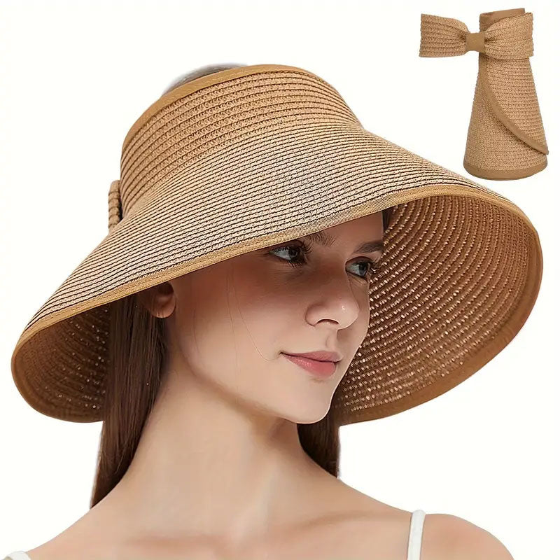 Women's UPF 50+ Wide Brim Roll-up Straw Sun Hat Sun Visor