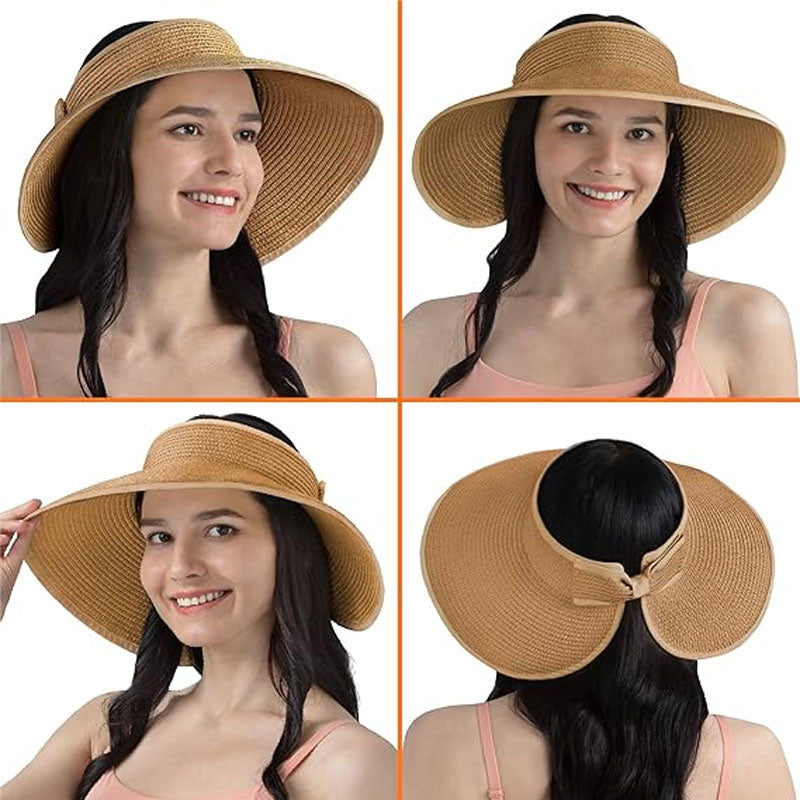 Women's UPF 50+ Wide Brim Roll-up Straw Sun Hat Sun Visor