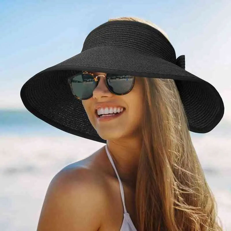 Women's UPF 50+ Wide Brim Roll-up Straw Sun Hat Sun Visor