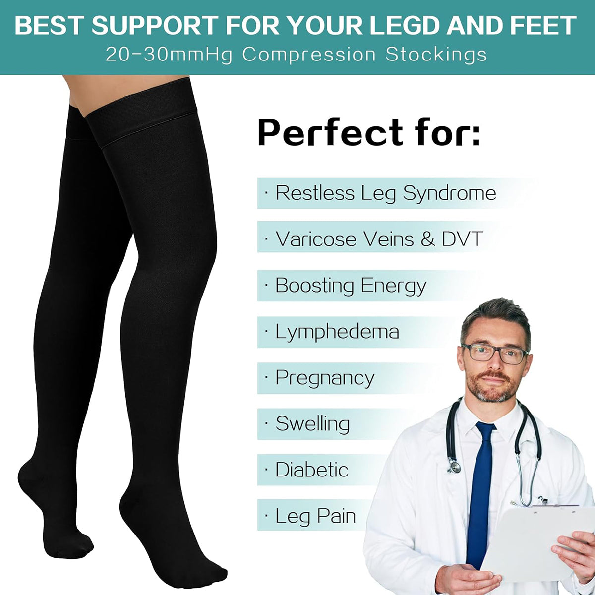 Thigh High Compression Socks Firm Support 20-30mmHg Stockings for Women & Men