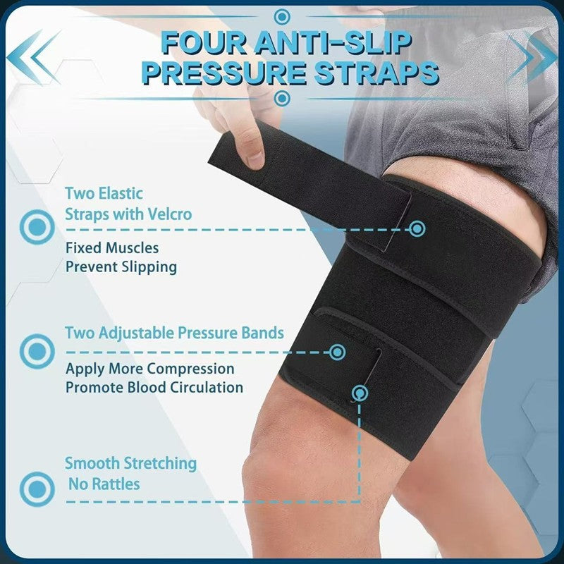 Thigh Brace SupportAdjustable Thigh Brace, Hamstring Compression Wrap, Thigh Compression Sleeve, Quad and Upper Leg Brace for Men & Women ﻿