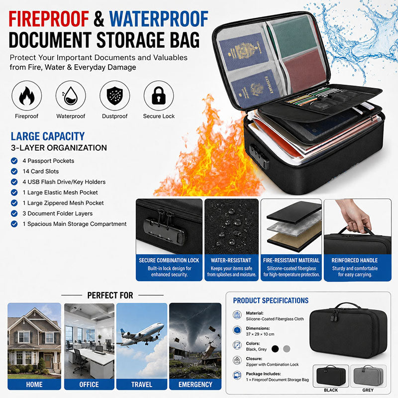 Waterproof Document Protection Fireproof & Waterproof Document Storage Bag with Combination Lock ...