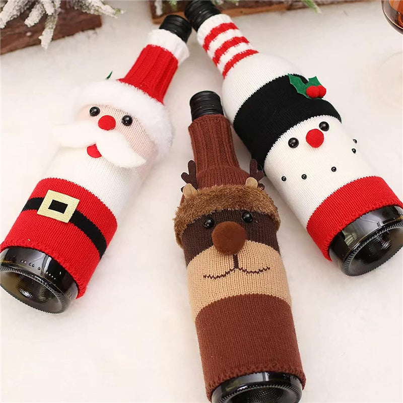 Christmas Knit Sweater Wine Bottle Cap Cover Santa Deer Table Decorations