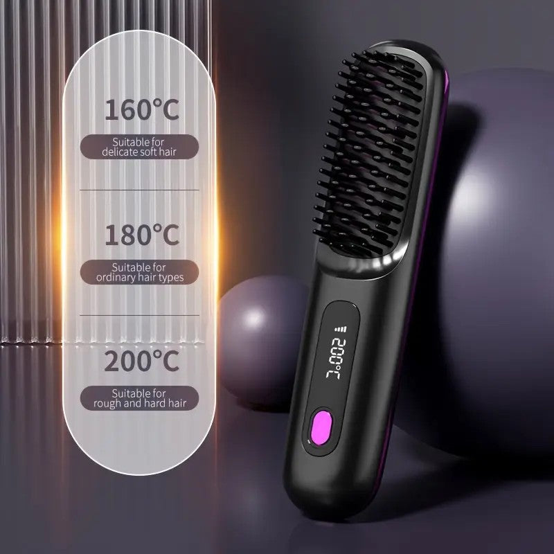 Cordless Three-Setting Hair Straightener Brush Comb with LCD Display