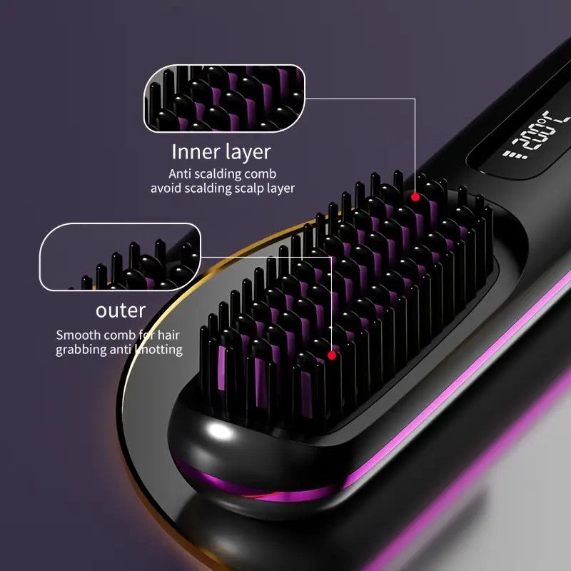 Cordless Three-Setting Hair Straightener Brush Comb with LCD Display