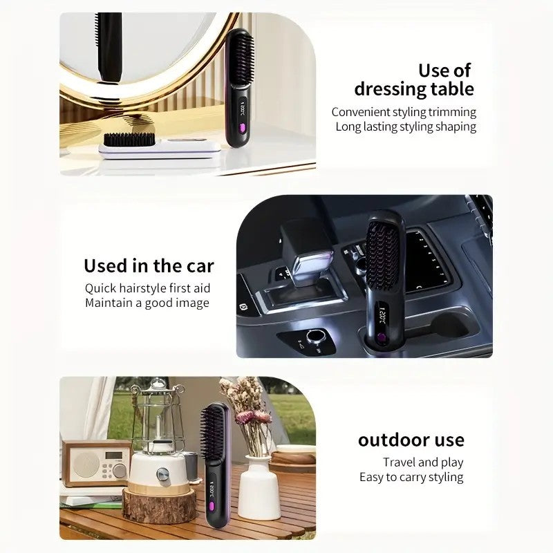 Cordless Three-Setting Hair Straightener Brush Comb with LCD Display