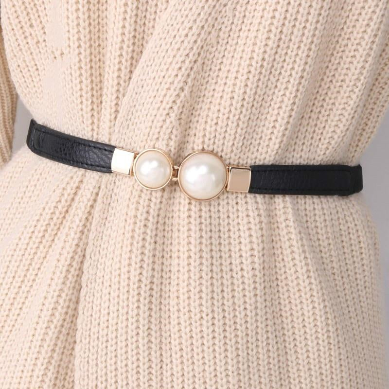 Women Skinny Elastic Waist Belt Pearl Buckle Thin Belt for Dresses