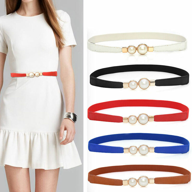 Women Skinny Elastic Waist Belt Pearl Buckle Thin Belt for Dresses