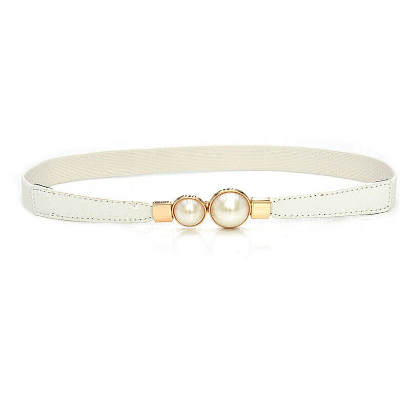 Women Skinny Elastic Waist Belt Pearl Buckle Thin Belt for Dresses