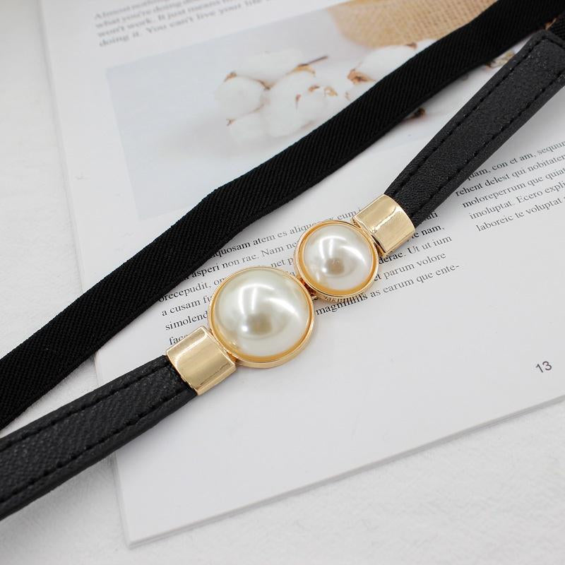 Women Skinny Elastic Waist Belt Pearl Buckle Thin Belt for Dresses