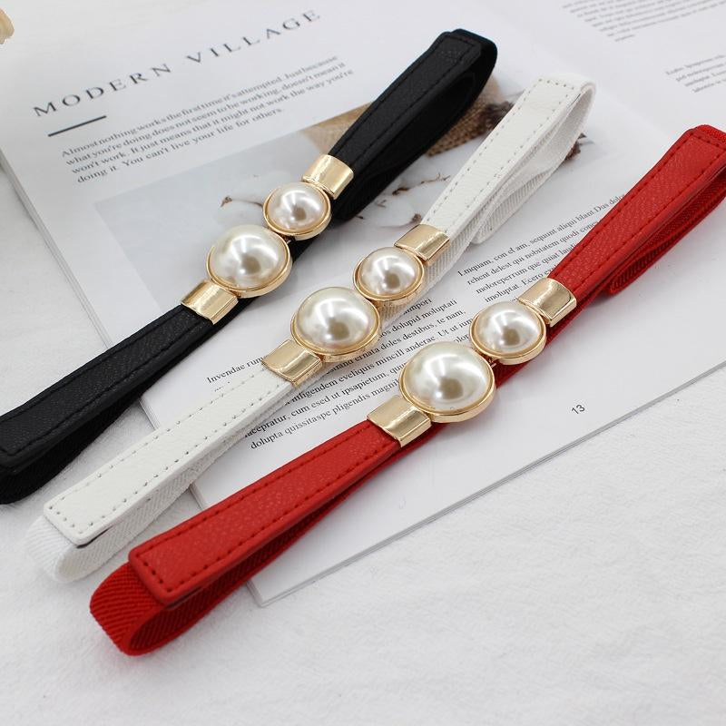 Women Skinny Elastic Waist Belt Pearl Buckle Thin Belt for Dresses