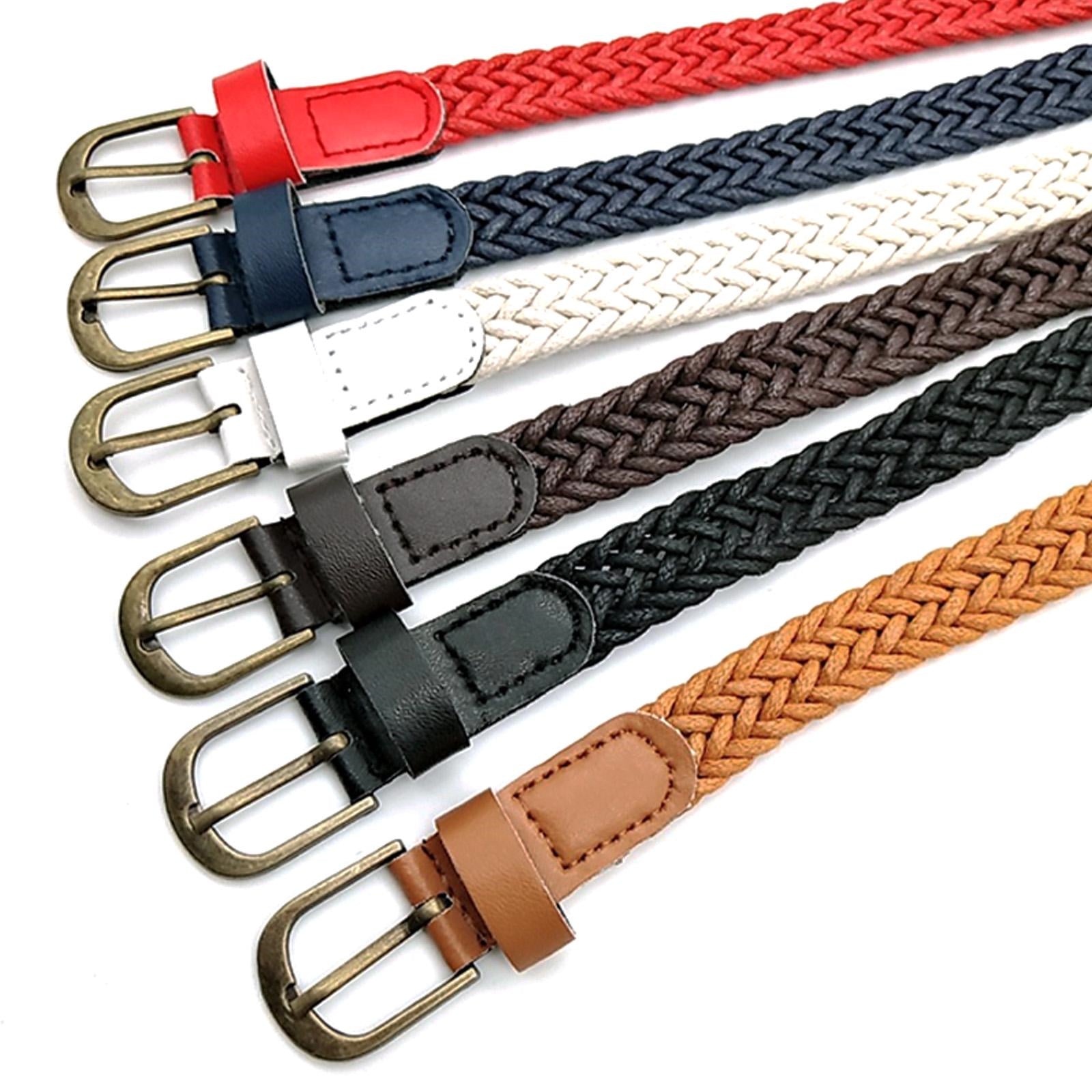 Women Hand Knit Belt Vintage Pin Buckle Leather Braid Thin Belts