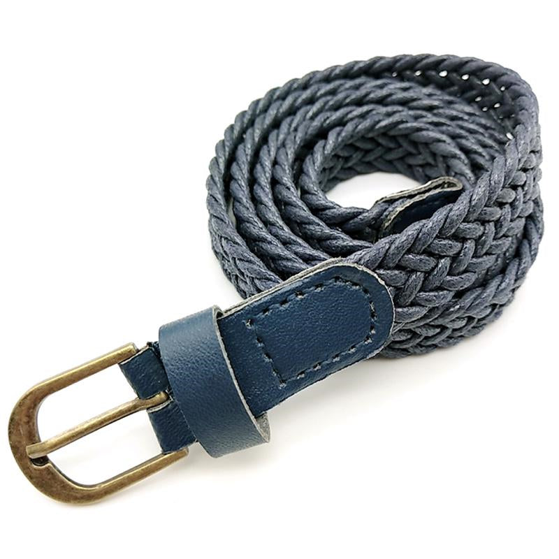Women Hand Knit Belt Vintage Pin Buckle Leather Braid Thin Belts