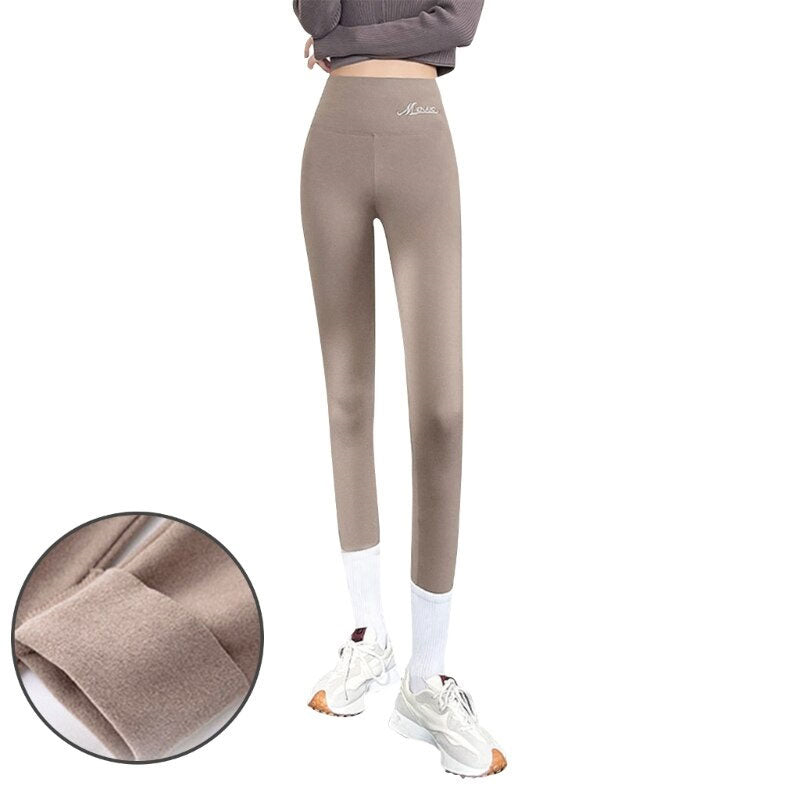 Women's Thin Dralon Fleece Lined Leggings High Waist Thermal Warm Tight Pants
