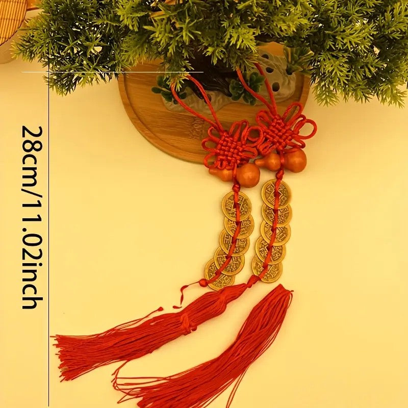 Wooden Gourd Pure Copper Five Emperor Coins Hanging Ornament Chinese Knot Tassel