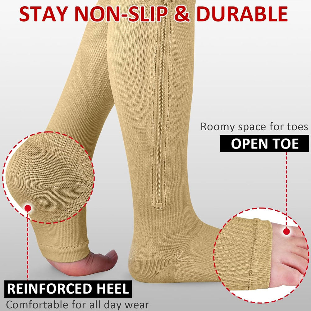 Zipper Compression Socks Calf Knee High Open Toe Compression Stocking S-XXL