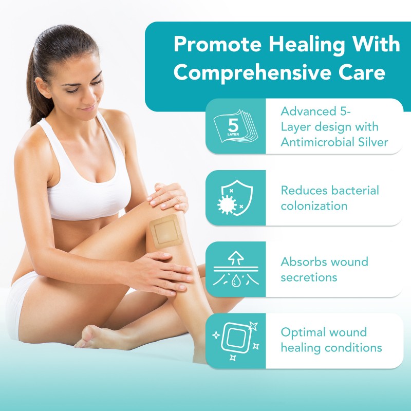 Silicone Foam Dressing Ag Sterile Wound Bandage with Waterproof Gentle Adhesive Border