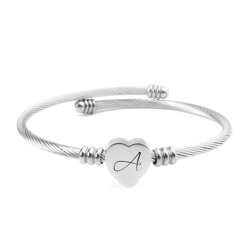 Stainless Steel Engraved Charm Heart Initials Bracelet-A-Z