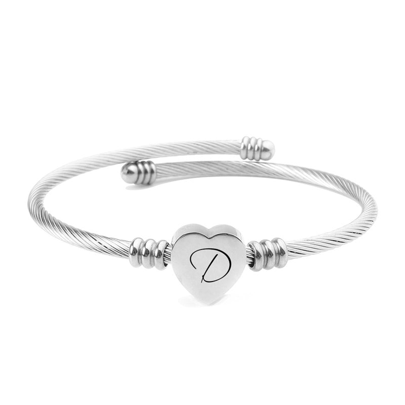 Stainless Steel Engraved Charm Heart Initials Bracelet-A-Z