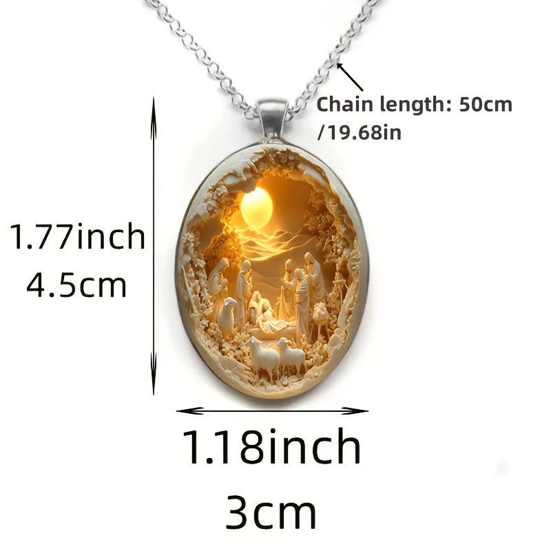Religious Nativity Scene Jesus Necklace Vintage Glass Pendant Necklaces